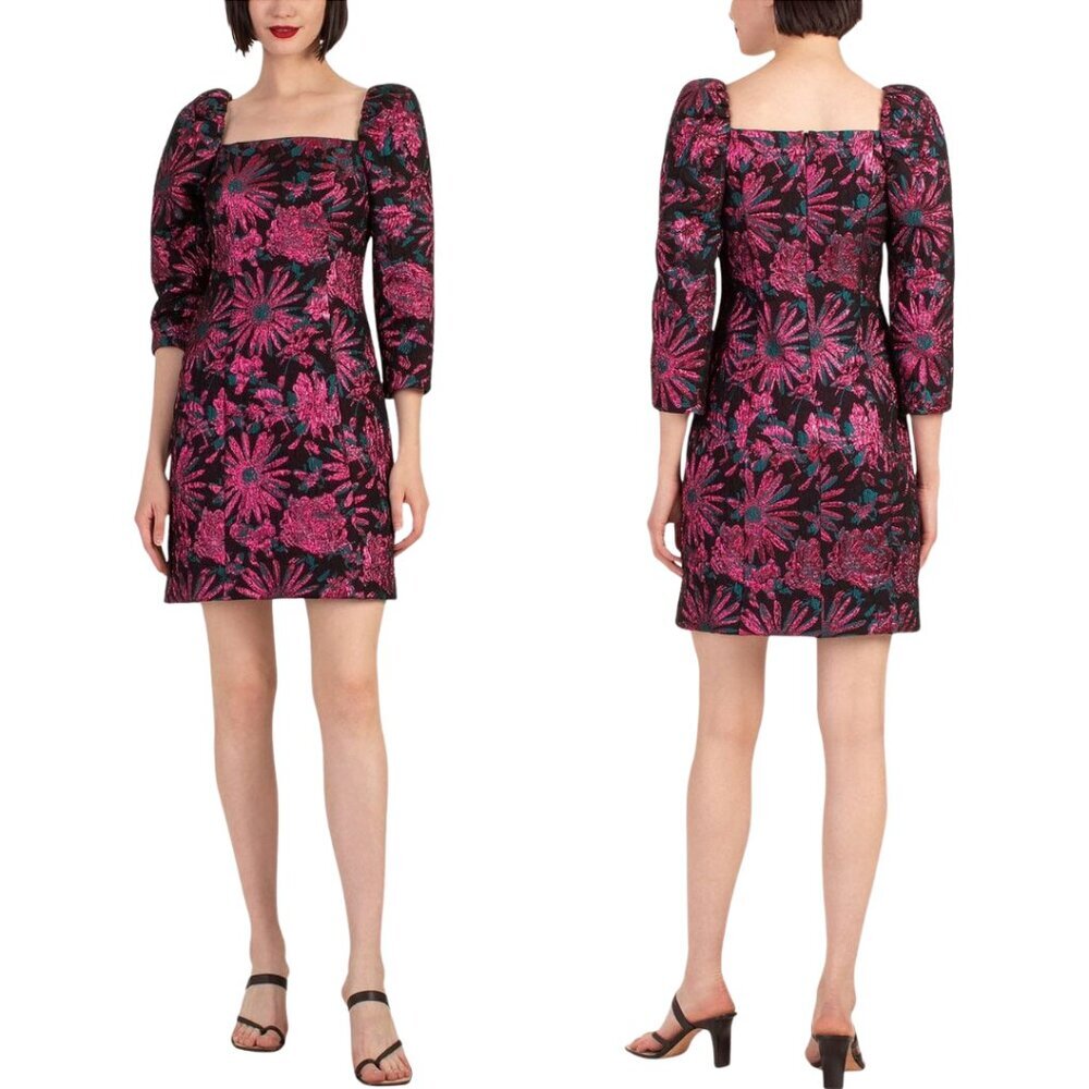 Trina Turk Cassiopeia Puff-Sleeve Floral Jacquard Mini Dress Women's 8 Black Nwt